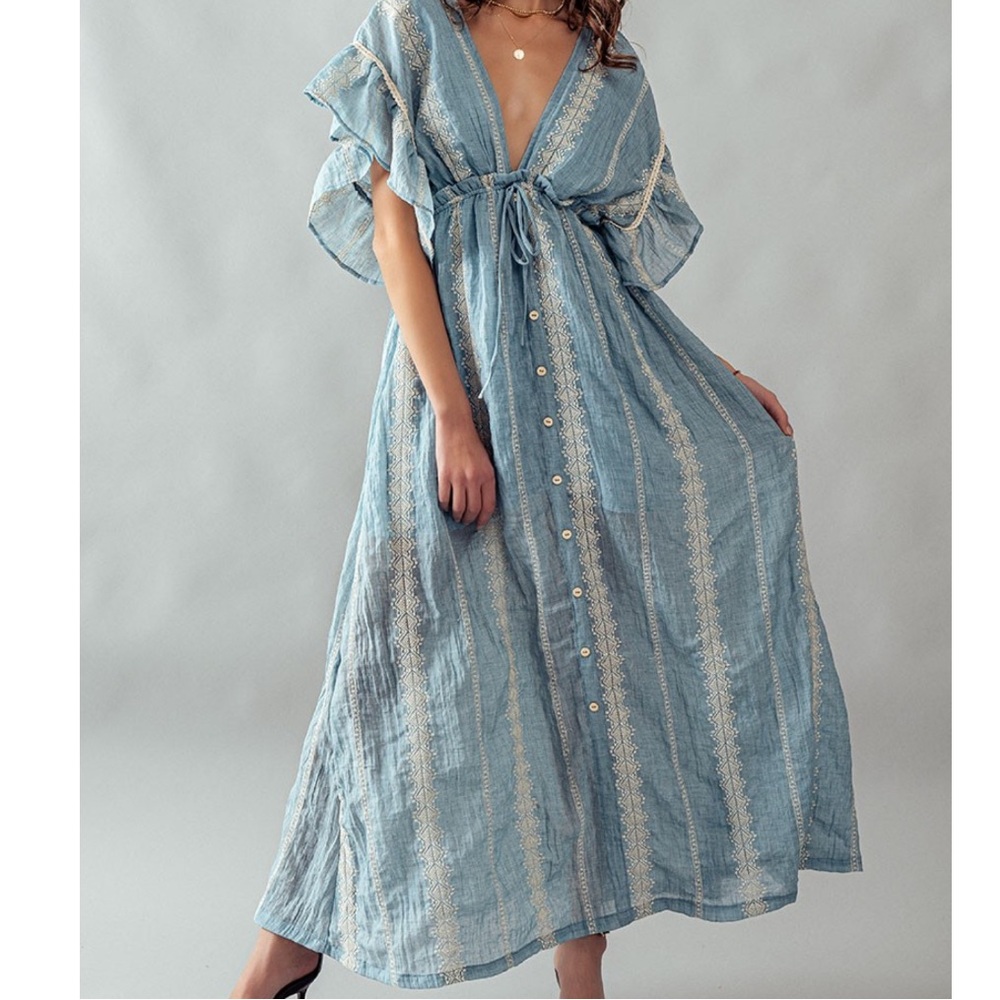 AKAIV Elegant Embroidered Blue Lined Cotton Maxi Dress